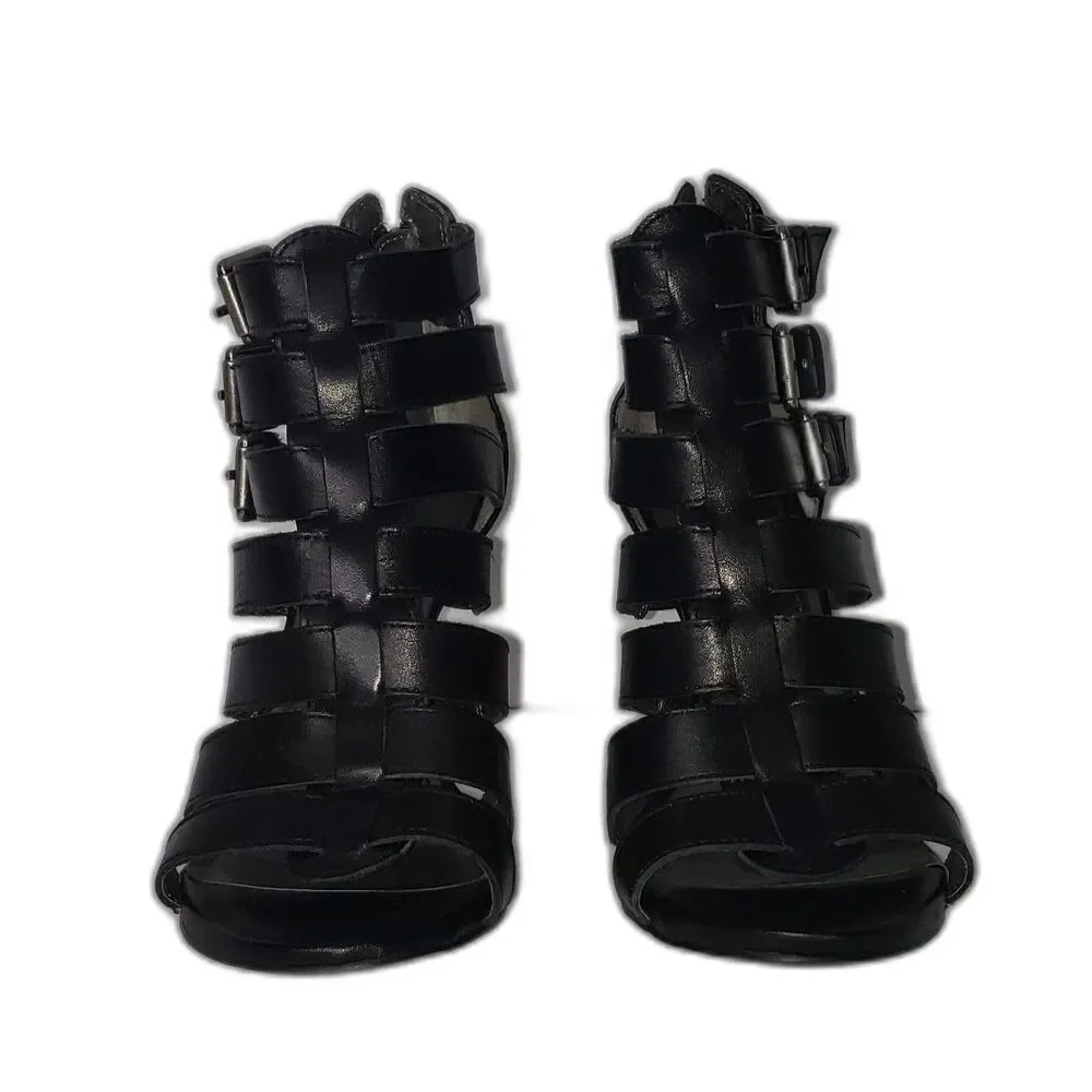 GUESS Black Leather Strappy Cage Buckle High Heel Bootie Shoes Womens Size 7